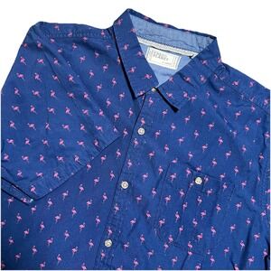 Free Planet Men's Navy Blue Short Sleeve Flamingo Hawaiian Shirt XL Button Down